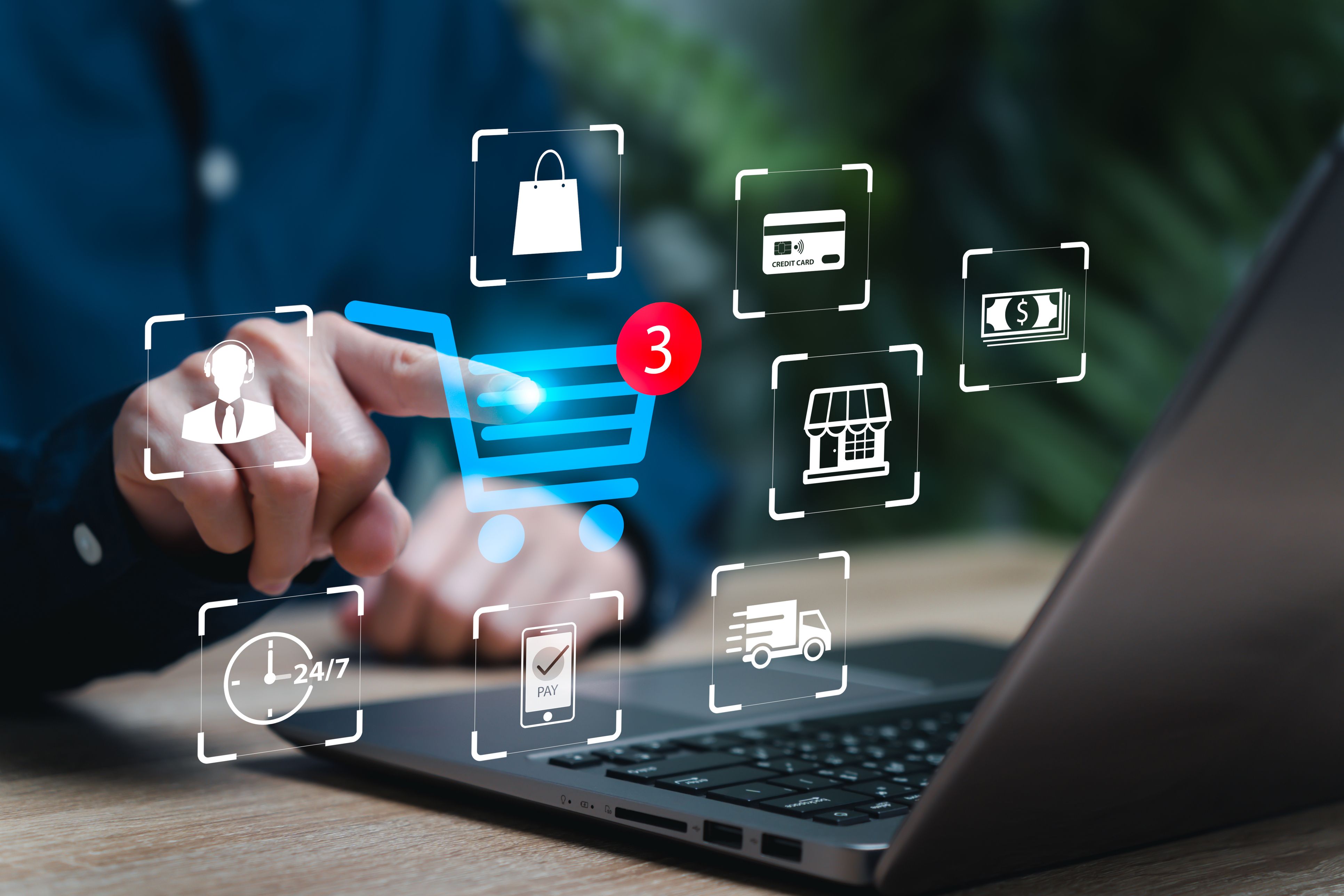 E-Commerce Lösungen: Visualisierung eines modernen Online-Shops mit sicherer Zahlungsabwicklung